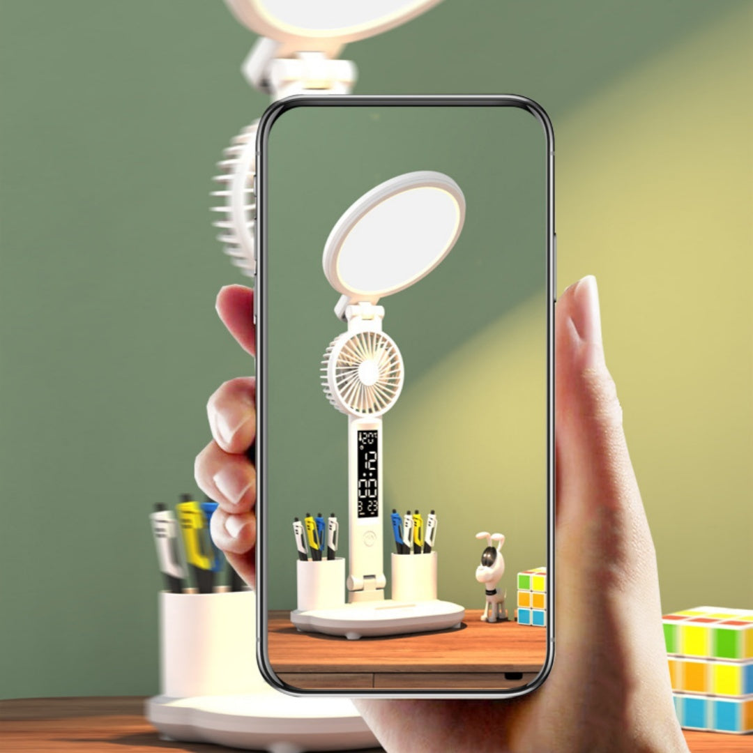 LED Desk Lamp with Clock, Fan, & USB Charging