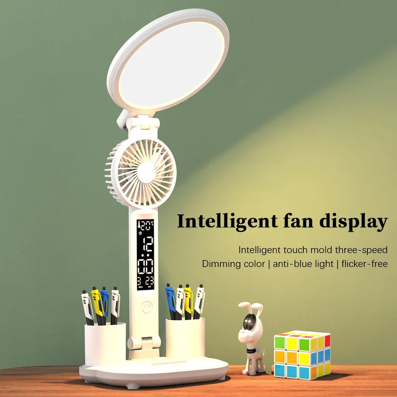 LED Desk Lamp with Clock, Fan, & USB Charging